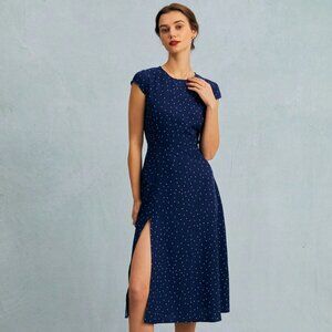 Rihoas Navy Round Neck Polka Dot Cutout Midi Dress